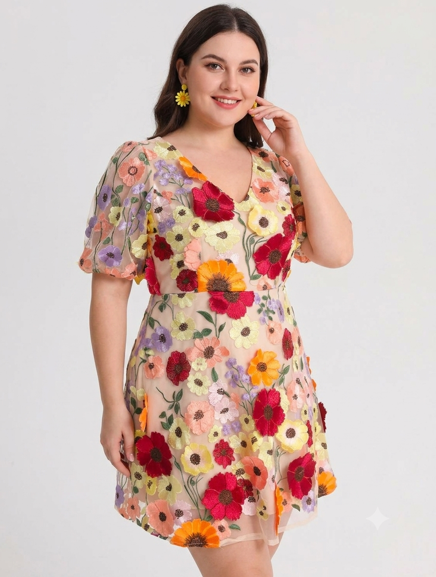 Mid-Summer Bloom - Floral VNeck Mini Dress